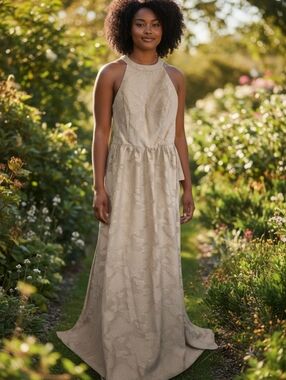 Elegant High-Neck Beige Lace Evening Dress